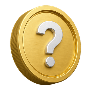 On the FAQ page, a decorative 3D gold coin featuring a question mark